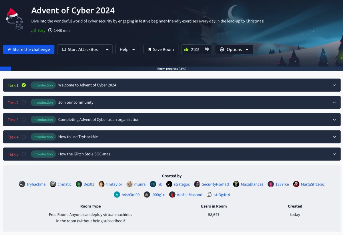 Advent of Cyber 2024 task interface and challenge overview