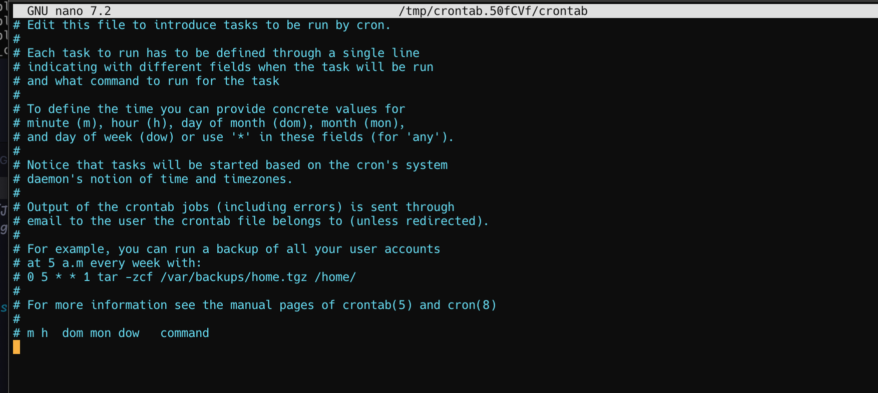 Empty crontab example screenshot